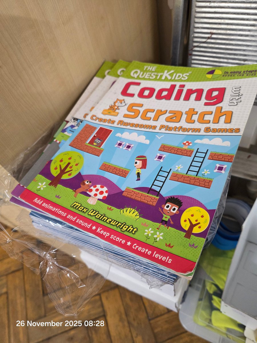 TsuiAllen's tweet image. As I'm off to @raisingrobots #CodingSuccess2025 an early #teacher5oclockclub #GetUpGetGoing offering. Grateful my colleague found these as I thought I had lost them. Anyway, from pages 12 to 15 of the Platform volume, this @scratch project my @CodeClub enjoyed creating yesterday.