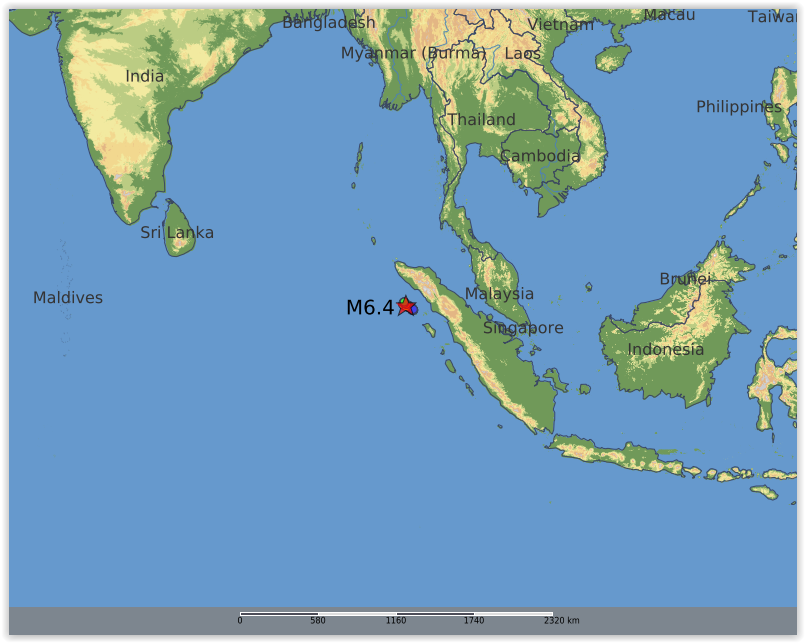 QLARM's tweet image. EARTHQUAKE M6.4. Origin Time: 2025-11-27 04:56:25 UTC, Off west coast of northern Sumatera, Indonesia (2.69 ; 95.9599), Depth: 10.0 km, (source(s): GFZ, USGS). Estimated fatalities: 20 to 300, injured: 90 to 820