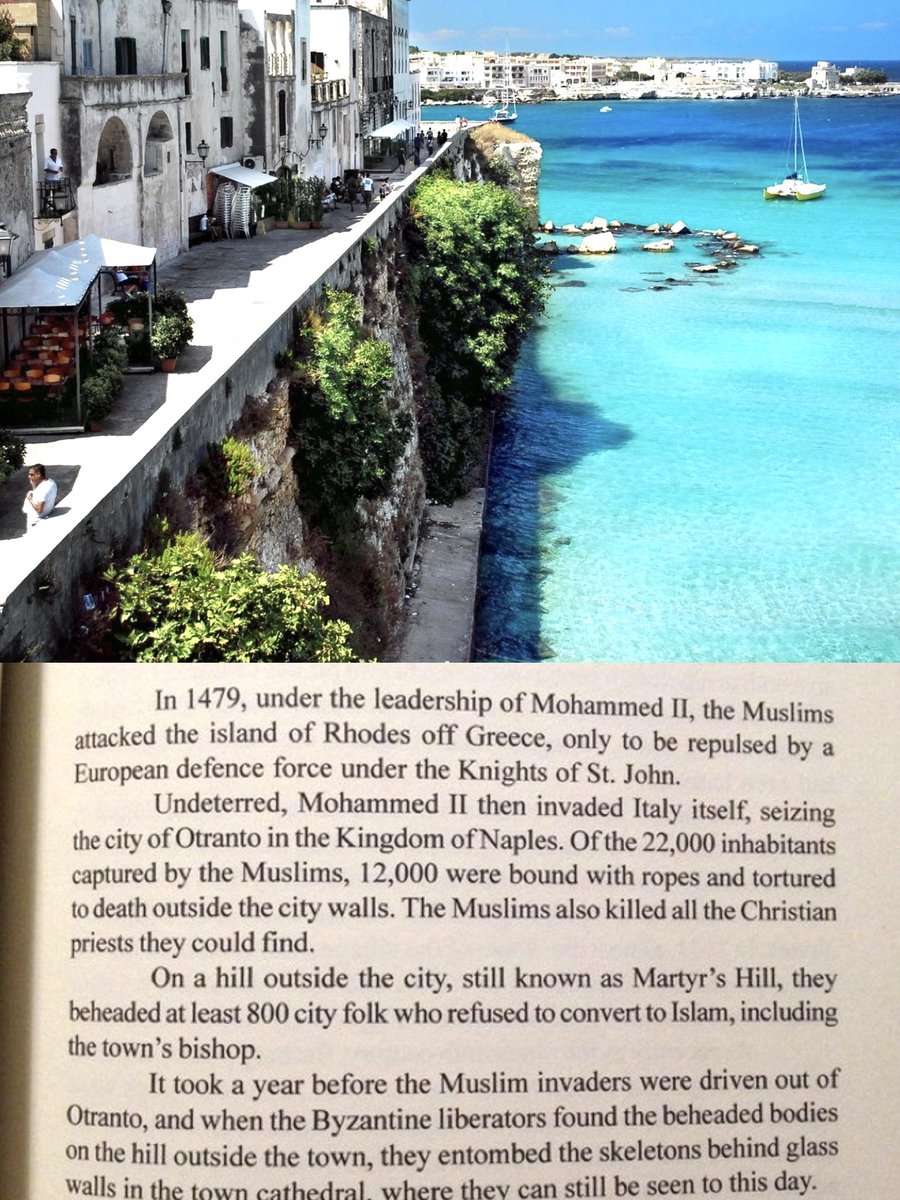 NiohBerg's tweet image. Even lesser known islamic invasions make for some of the most brutal and horrendous accounts you&apos;ll ever read.

Here is an excerpt from when muslim armies invaded the Italian city Otranto,  torturing and massacring everyone. 

Europe should not forget that history often repeats.