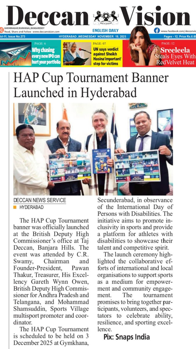 ICCLCRICKET's tweet photo. We are delighted to have our special guest "Hon. Gareth Wynn Owen" (British Deputy High Commissioner to Telangana &amp; Andhra Pradesh) dignitary joining us on "International Day of Persons with Disabilities", ICCL India Foundation (ICCL-IF) HAP CUP 2025 this year.
@UKinHyderabad https://t.co/cyn4wZ9f19