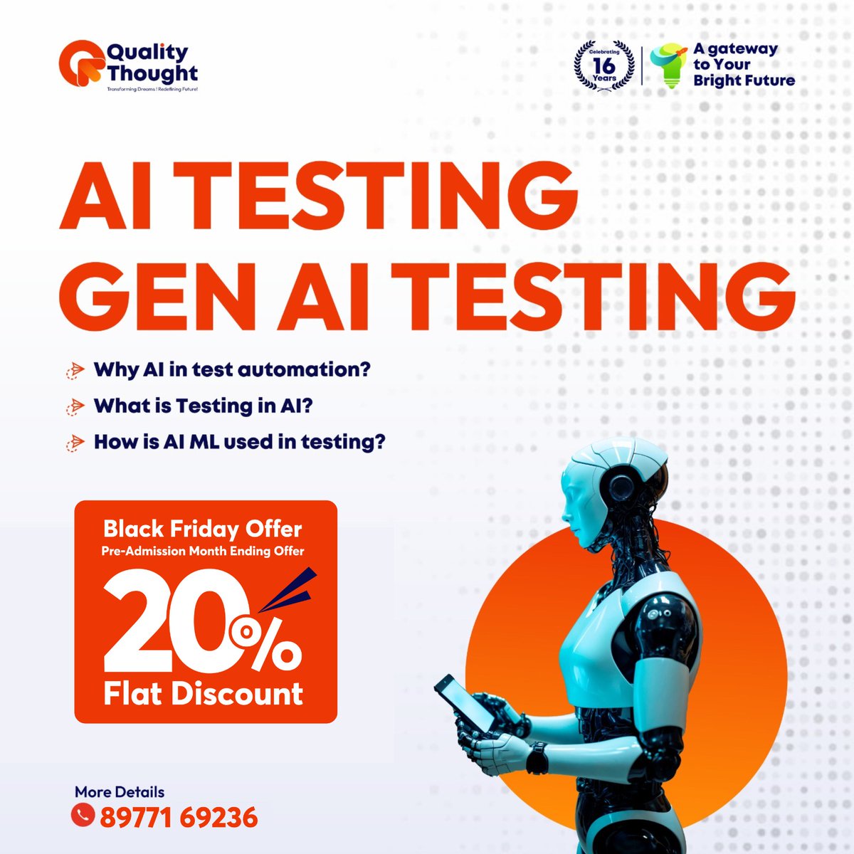 QTTWorld's tweet image. 💥Testing is evolving — and AI is taking over!
🧠Learn how AI &amp;amp; GenAI transform QA, automation, and defect prediction
🔥Black Friday Month-End Offer: 20% OFF
👉Register Now: linktr.ee/qualitythought…
📍Location: Ameerpet
📞Contact: 8977169236
#BlackFriday #AITesting #QualityThought