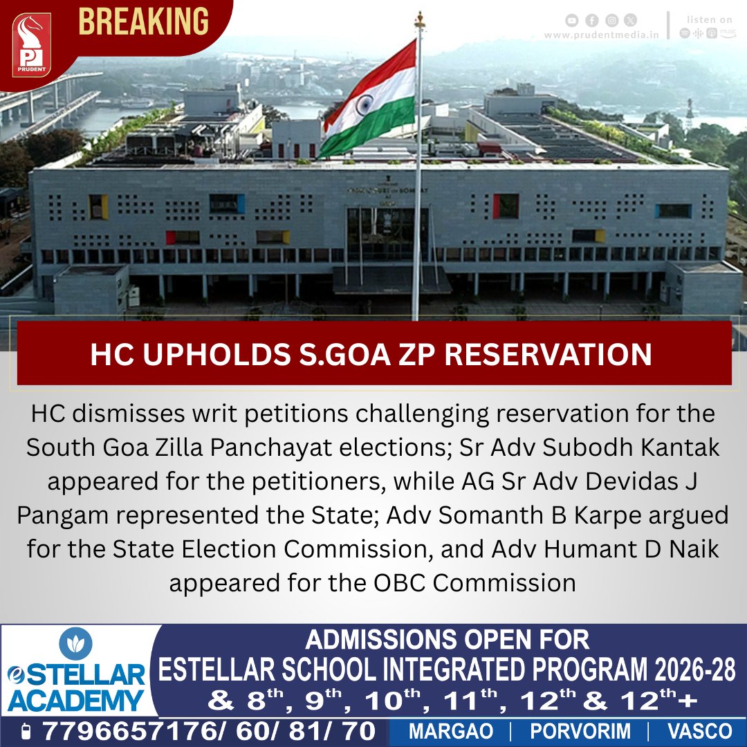 prudentgoa's tweet photo. High Court Upholds S.Goa ZP Reservation   

#HighCourt #ZillaPanchayat #SouthGoa #ReservationCase #LegalUpdate #GoaNews #WritPetition #StateElectionCommission #OBCCommission #CourtVerdict #BreakingNews https://t.co/765ocfuneI