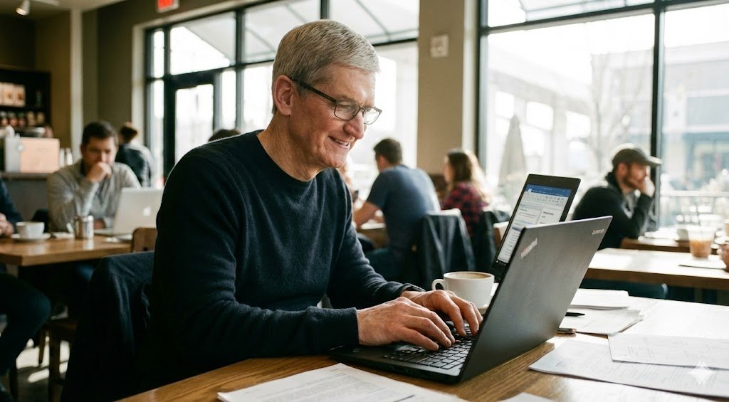 geekedout__'s tweet image. I asked Nano Banana to generate an image of Tim Cook using a ThinkPad

this looks so real😭