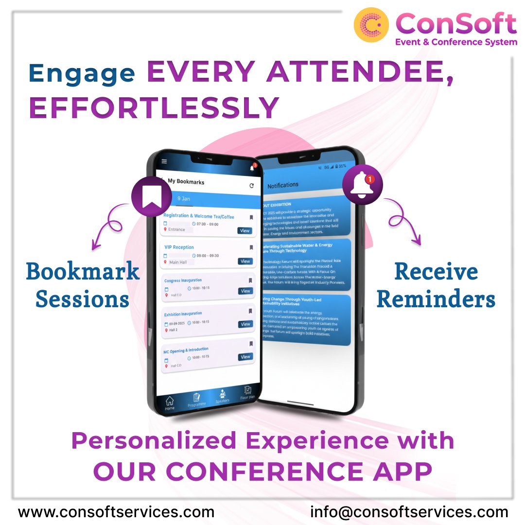 consoftservices's tweet image. Boost Engagement with ‘Bookmark Sessions’
Memorable events aren’t just well-organized — they’re well-experienced.
Let attendees bookmark sessions, receive reminders, and stay fully engaged.

🔗 consoftservices.com

#ConSoftServices #EventTech #SmartEventSolutions