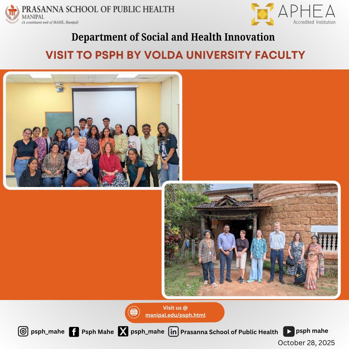 psph_mahe's tweet image. Dept. of Social &amp;amp; Health Innovation (DSHI), PSPH, MAHE welcomed:
Prof Nathalie Homlong &amp;amp;  Prof Øyvind Økland from Volda University College, Norway
Discussions explored cross-cultural learning &amp;amp; global internship opportunities!

#GlobalLearning #SocialWork #MAHE