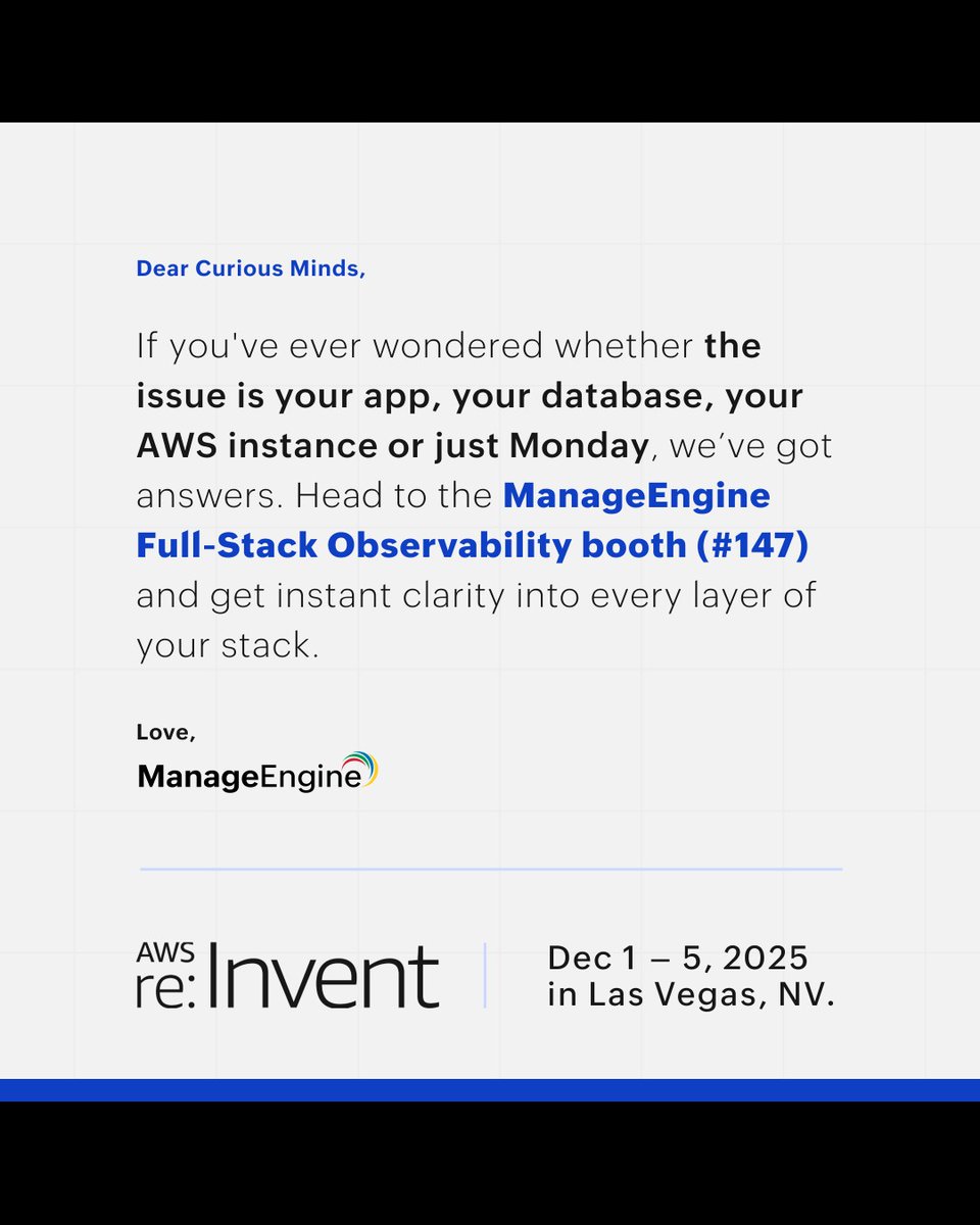 ME_ITOM's tweet image. Still guessing where the problem lives? Get complete visibility across your stack with ManageEngine Full-Stack Observability at AWS re:Invent on Dec 1-5, 2025.

Visit us at Booth #147 and experience real-time clarity across apps, databases, and cloud environments.

#ManageEngine…