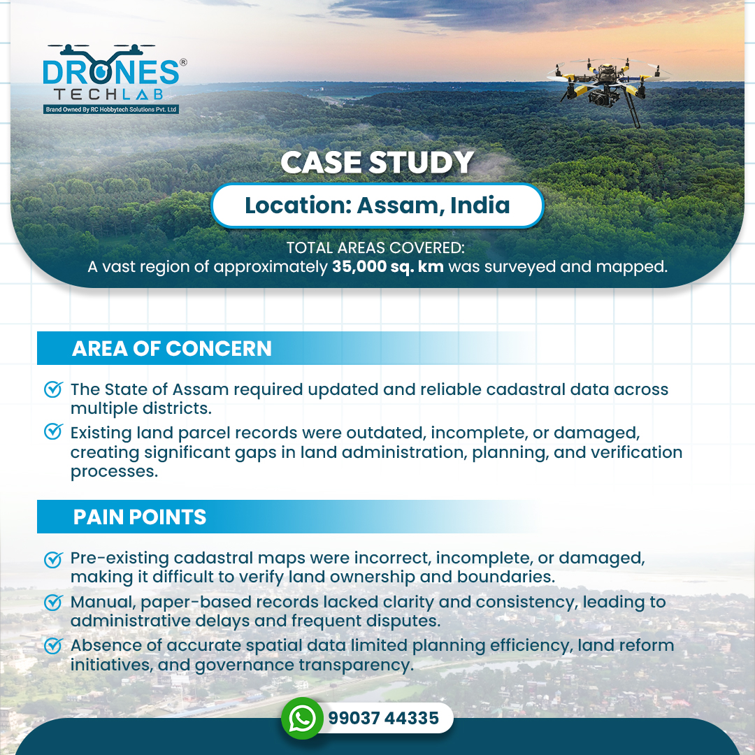Drones_Tech_Lab's tweet image. Drone-based mapping across 35,000 sq. km in Assam helped replace outdated cadastral records with accurate, digitised maps. The project delivered reliable, geo-referenced data for better verification, planning and land administration.

📲 Contact: 99037 44335

#DroneApplications