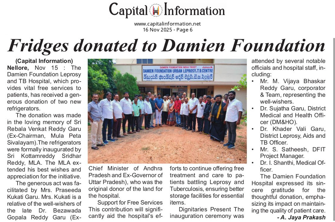 Grateful for the generous donation of 2 refrigerators to #DamienFoundation Leprosy &amp; TB Hospital, Nellore, in memory of Sri Rebala Venkat Reddy Garu.
Inaugurated by Sri Kottamreddy Sridhar Reddy Garu, MLA. This support strengthens our free services forLeprosy &amp; TB. 🙏