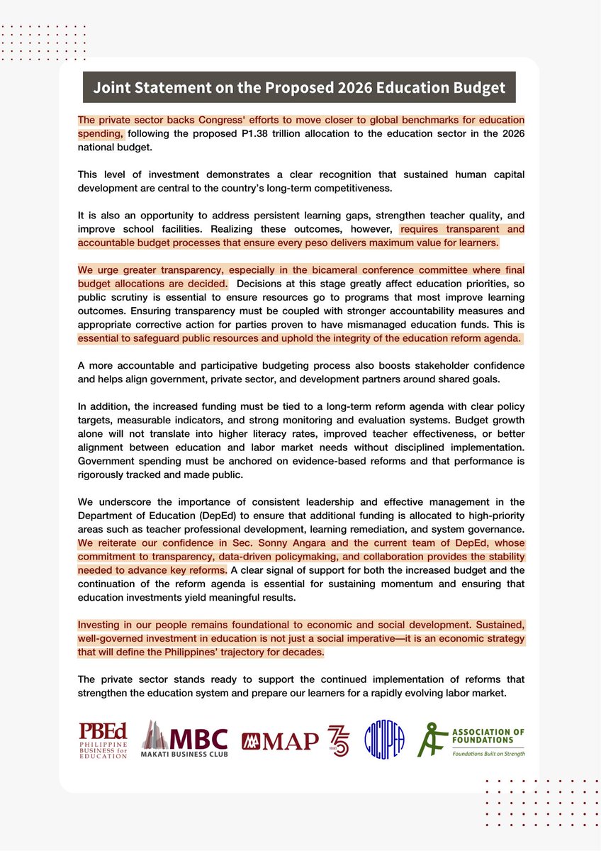 SonnyAngaraNews's tweet photo. JOINT STATEMENT OF PBEd, COCOPEA, MBC, MAP &amp; ASSOC OF FOUNDATIONS

We reiterate our confidence in Secretary Sonny Angara and the current DepEd team, whose commitment to transparency, data-driven policymaking, and collaboration provides the stability needed to advance key reforms https://t.co/Sra86pJFp6