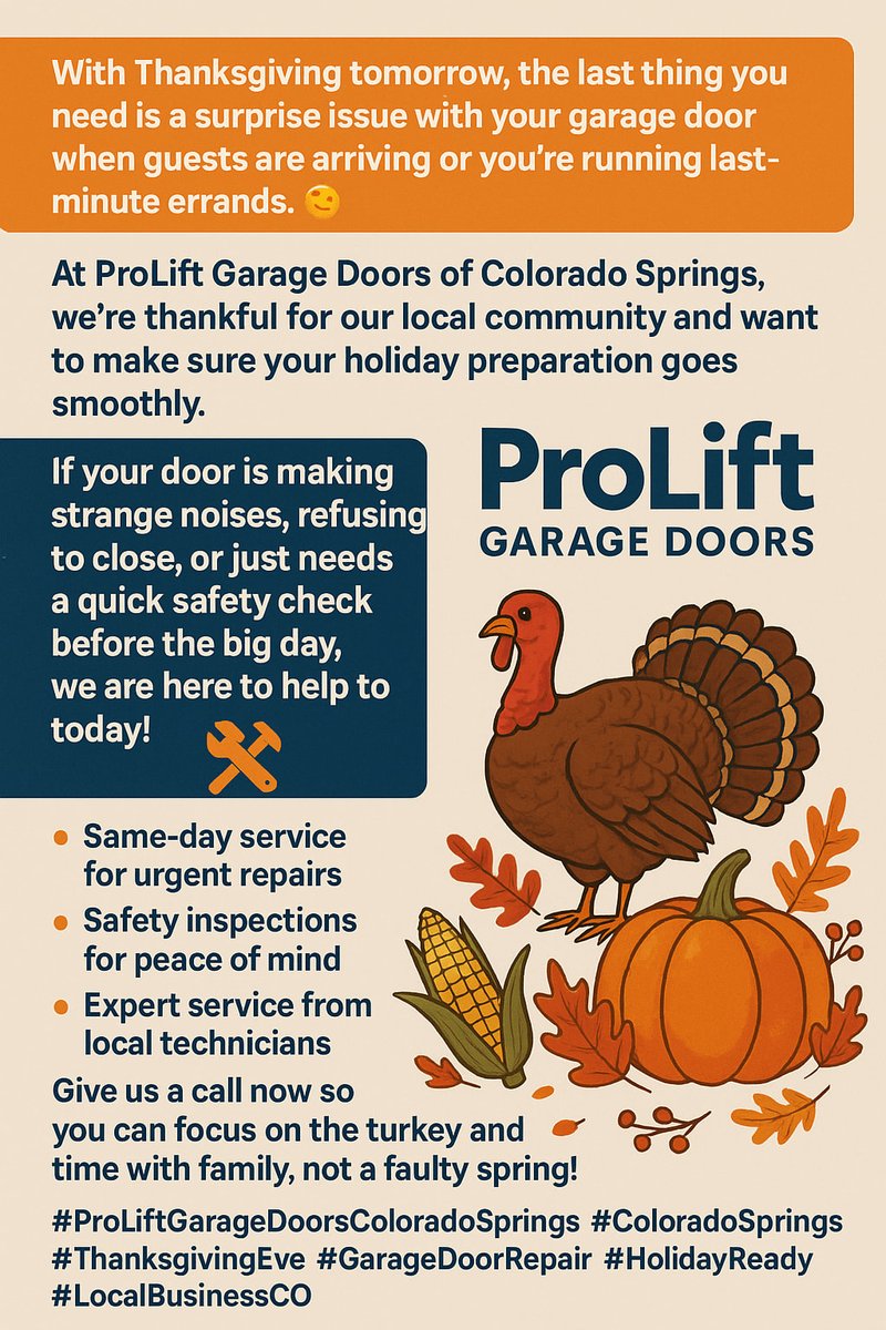 ProLiftDoorsCOS's tweet image. With Thanksgiving tomorrow, the last thing you need is a surprise issue with your garage door when guests are arriving or you&apos;re running last-minute errands.
We’re thankful for our local community and want to make sure your holiday preparation goes smoothly.

#ProLiftGarageDoors