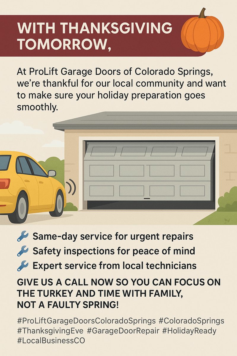 ProLiftDoorsCOS's tweet image. With Thanksgiving tomorrow, the last thing you need is a surprise issue with your garage door when guests are arriving or you&apos;re running last-minute errands.
We’re thankful for our local community and want to make sure your holiday preparation goes smoothly.

#ProLiftGarageDoors