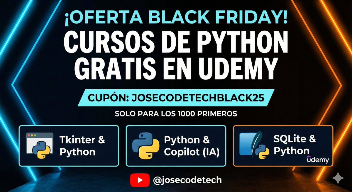 josecodetech's tweet image. 🚀 ¡GRATIS para los 1000 primeros alumnos que usen el cupón JOSECODETECHBLACK25!

Tkinter: udemy.com/course/tkinter…

Python: udemy.com/course/python-…

SQLite: udemy.com/course/base-de…

Si no llegas a tiempo, youtube.com/@josecodetech

#BlackFriday #CursosGratis #Udemy #Python
