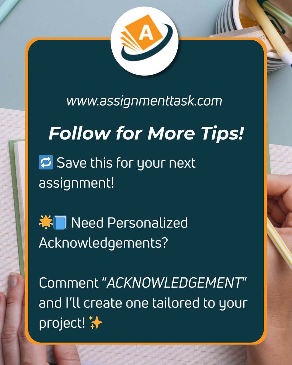 AssignmentTask's tweet image. Writing an acknowledgement may seem small, but it adds a polished, professional touch to your assignment.

Get Help: tinyurl.com/49ar67rd

#assignmenthelp #acknowledgement #studentguide #academicwriting #collegetips #StudySupport #ProjectHelp #assignmenttips #assignmenttask