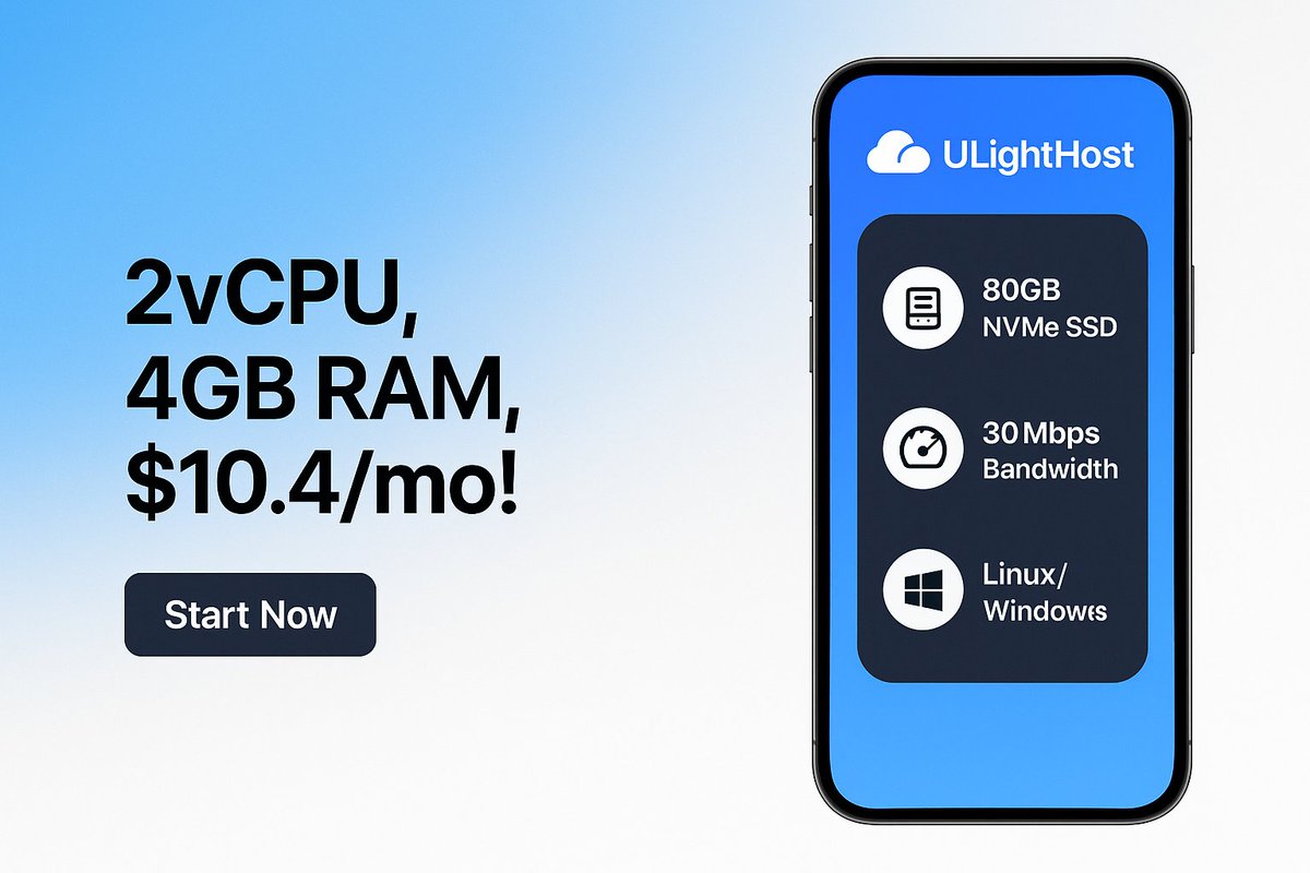 SurferCloudX's tweet image. Cloud server on a budget? Meet ULightHost: 2vCPU, 4GB RAM, 80GB NVMe, and 30M bandwidth at just $10.4/mo. Renew at the same low price! 🚀 Start building now! #CloudHosting #AffordableTech #ULightHost surfercloud.com/promos/ulighth…