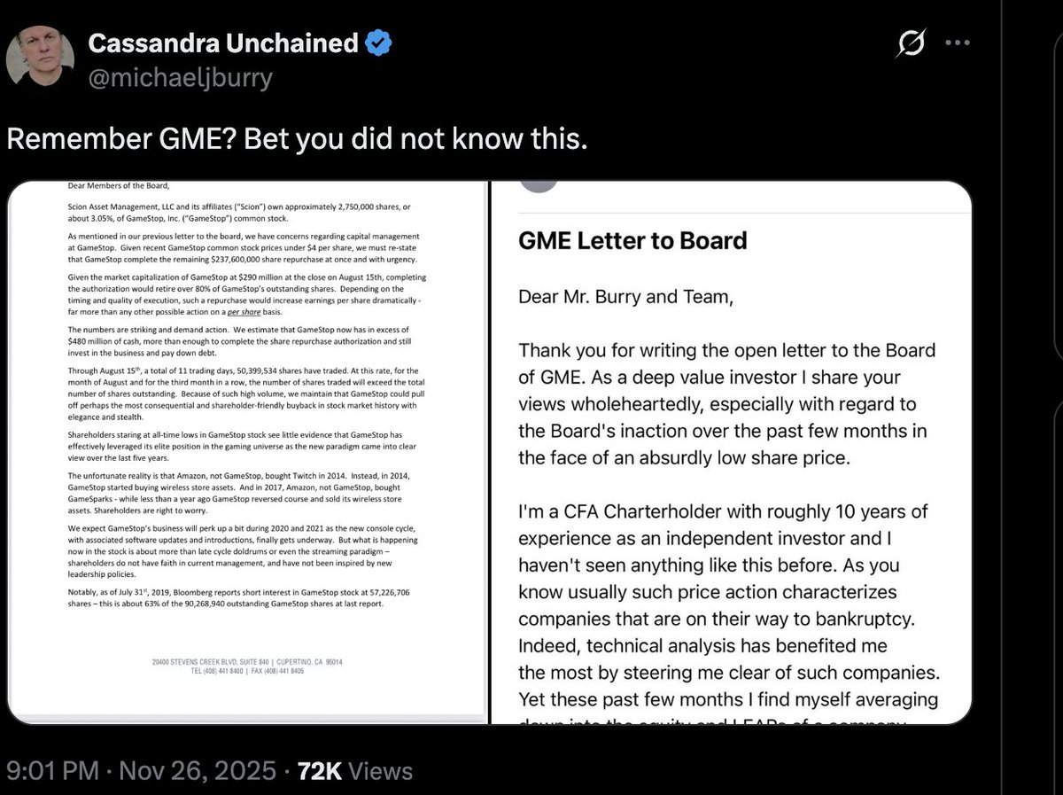 unusual_whales's tweet image. Michael Burry has posted: "Remember GME?"