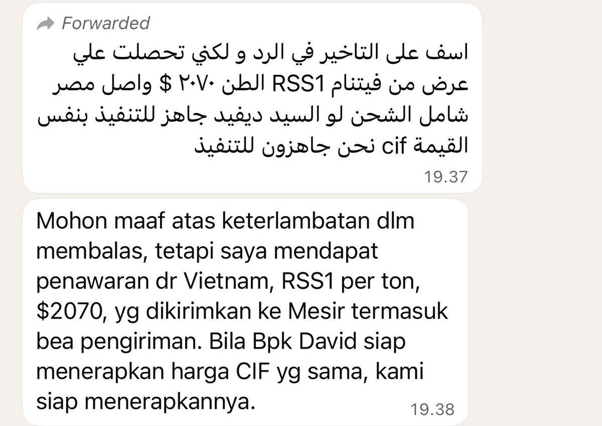 davidsunarna's tweet photo. Begitupun dengan ekspor saya ke Mesir yang gagal karena “ditikung” Vietnam 🇻🇳 untuk karet RSS1. Disaat rantai pasok Indonesia 🇮🇩 kasih harga $2090/ton (FOB) belum sama ongkir. Vietnam 🇻🇳 beri harga $2070 (CIF) plus ongkir dan insurance. Kok bisa? 🤯

Usut punya usut ternyata mereka mendapatkan berbagai macam insentif dari pemerintah. Dengan tarif ekspor menyentuh 0%, dapat lagi diskon insentif 10% selama 15 tahun, 4 tahun bebas pajak diikuti 9 tahun diskon 50% pajak.

Dari segi pendanaan pun mereka menang, Bank Vietnam 🇻🇳 berani “nalangin” dulu untuk bayar ke petani. Ketika buyer pelunasan, langsung ada sistem bagi hasil sesuai kesepakatan.

Mereka benar-benar terintegrasi dengan baik antara Pemerintah dan Bank dalam mendorong ekspor mereka. Gimana kita mau menang kalau sistem mereka sudah begitu?

Compare dengan bangsa kita? Masih banyak mafia komoditasnya. Barang ditimbun, kadang dibuat langka, kadang dibuat banjir, harga dimainkan, teknologi pertanian perkebunan yang tidak berkembang, masih tergantung dengan musim/cuaca. Banyak.