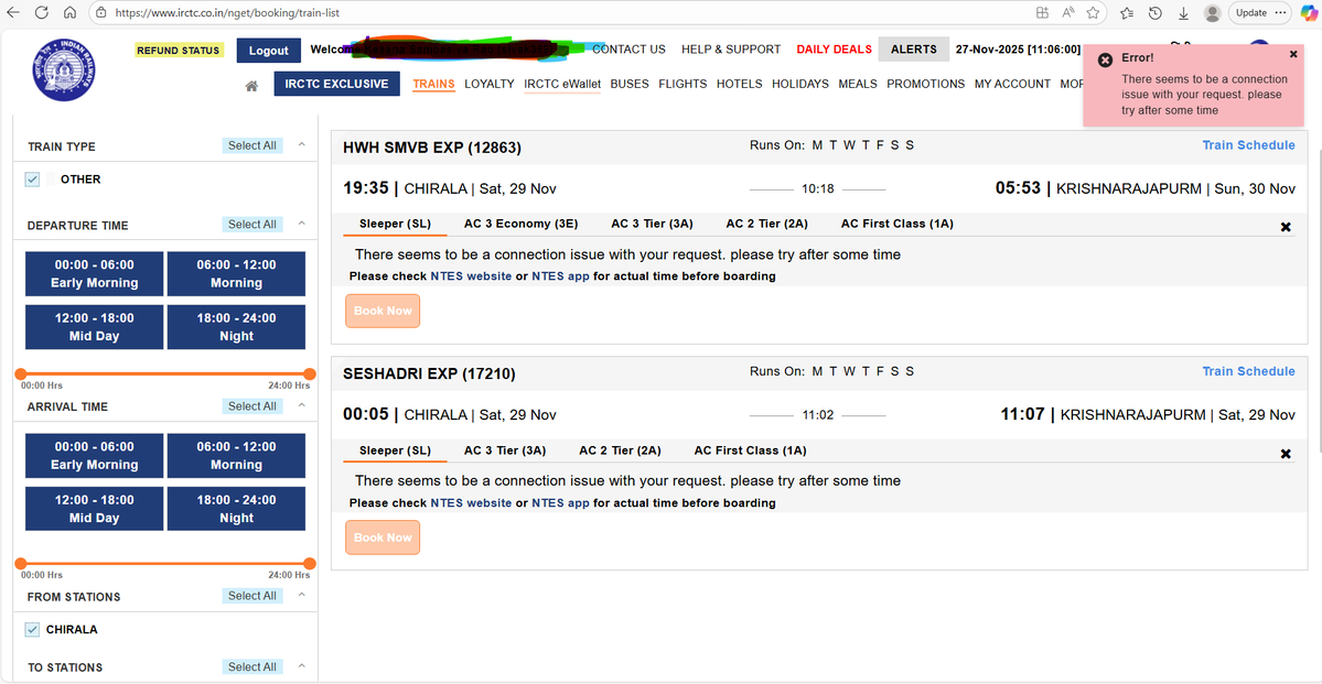 samkesana's tweet image. This is the state of the GREAT IRCTC , Dosen&apos;t all common public to book Tatkal tickets during 11 AM. 

Error and Buggy site. 
Cant handled transactions at scale. This is a curse to common public.

And we are aiming for a powerful country status. 

#IRCTC 
#IndianRailways