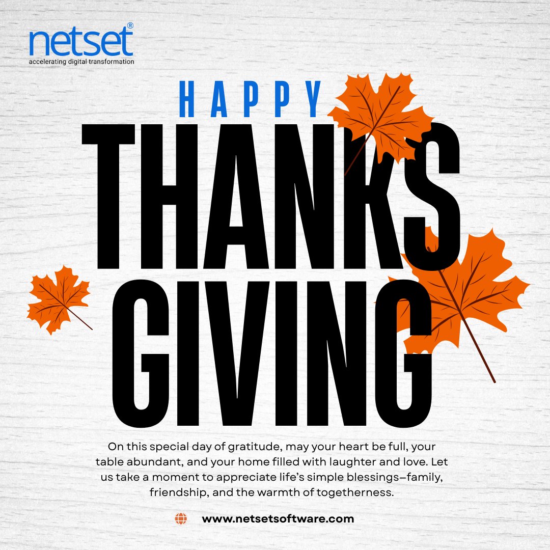 NetSet_Software's tweet image. At NetSet Software, we’re grateful for the clients who trust us to build smarter, scalable, and future-ready solutions.
Wishing you a wonderful Thanksgiving! 🍁
#Thanksgiving2025 #GratitudeInBusiness #BusinessGratitude #TechCommunity #DigitalTransformation #HappyThanksgiving