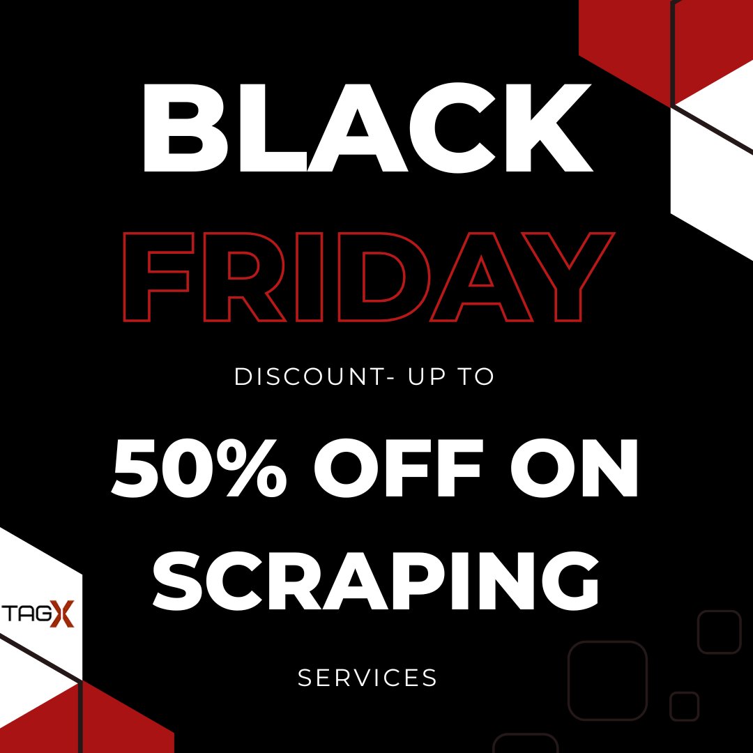 TagXIn's tweet image. Take your data strategy up a level this #BlackFriday! 

TagX is offering up to 50% off on web scraping services:

✅ Product, pricing &amp;amp; review data
✅ Competitor &amp;amp; market insights
✅ Scalable, clean data pipelines

#WebScraping #DataSolutions #TagX #EcommerceData