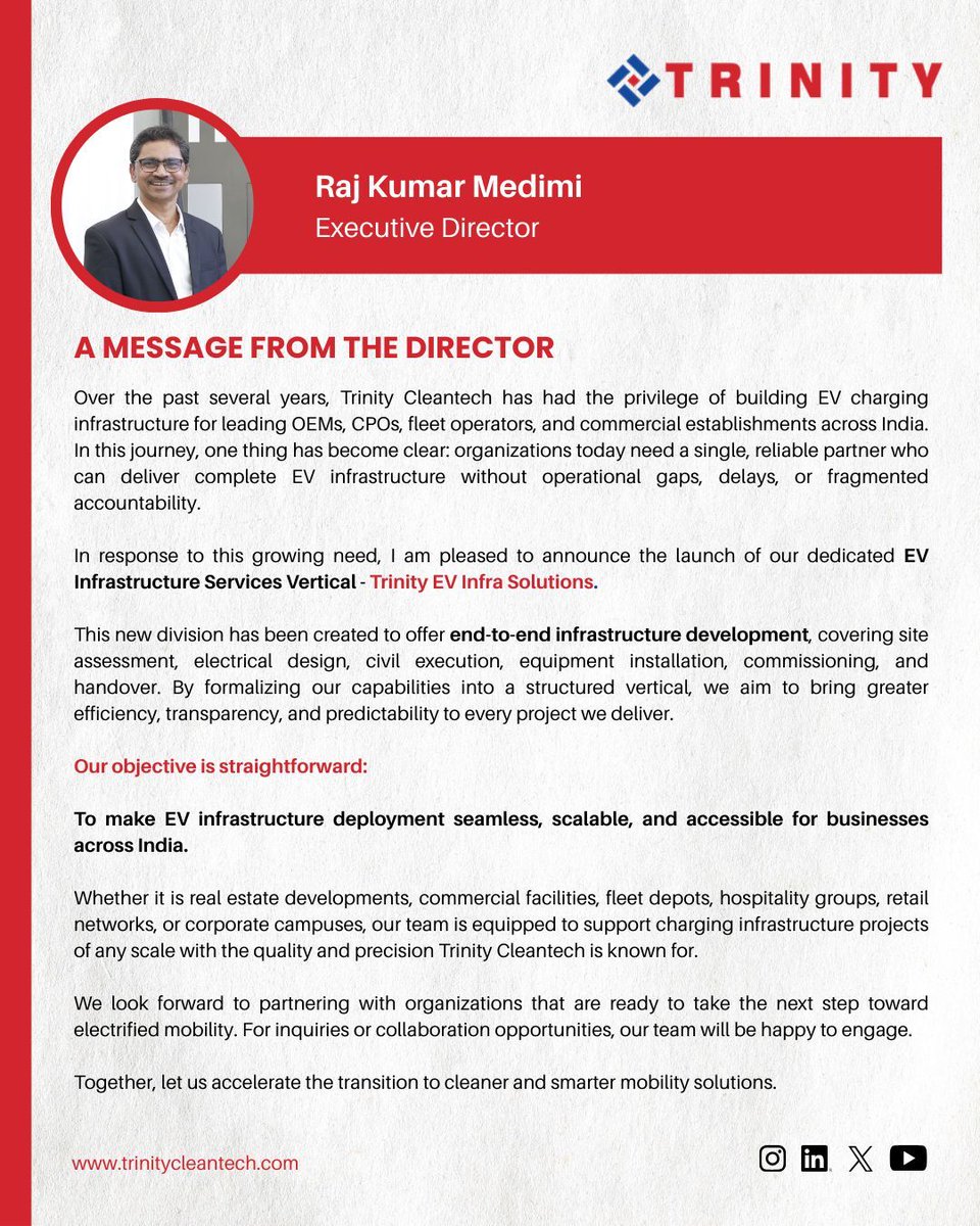 Trinitycleantch's tweet image. 🚀 Introducing Trinity EV Infra Solutions
A single expert vertical for scalable, compliant &amp;amp; future-ready EV charging infrastructure.
From groundwork to grid integration — we handle it all. ⚡

#EVCharging #EVInfrastructure #TrinityCleantech #SustainableMobility