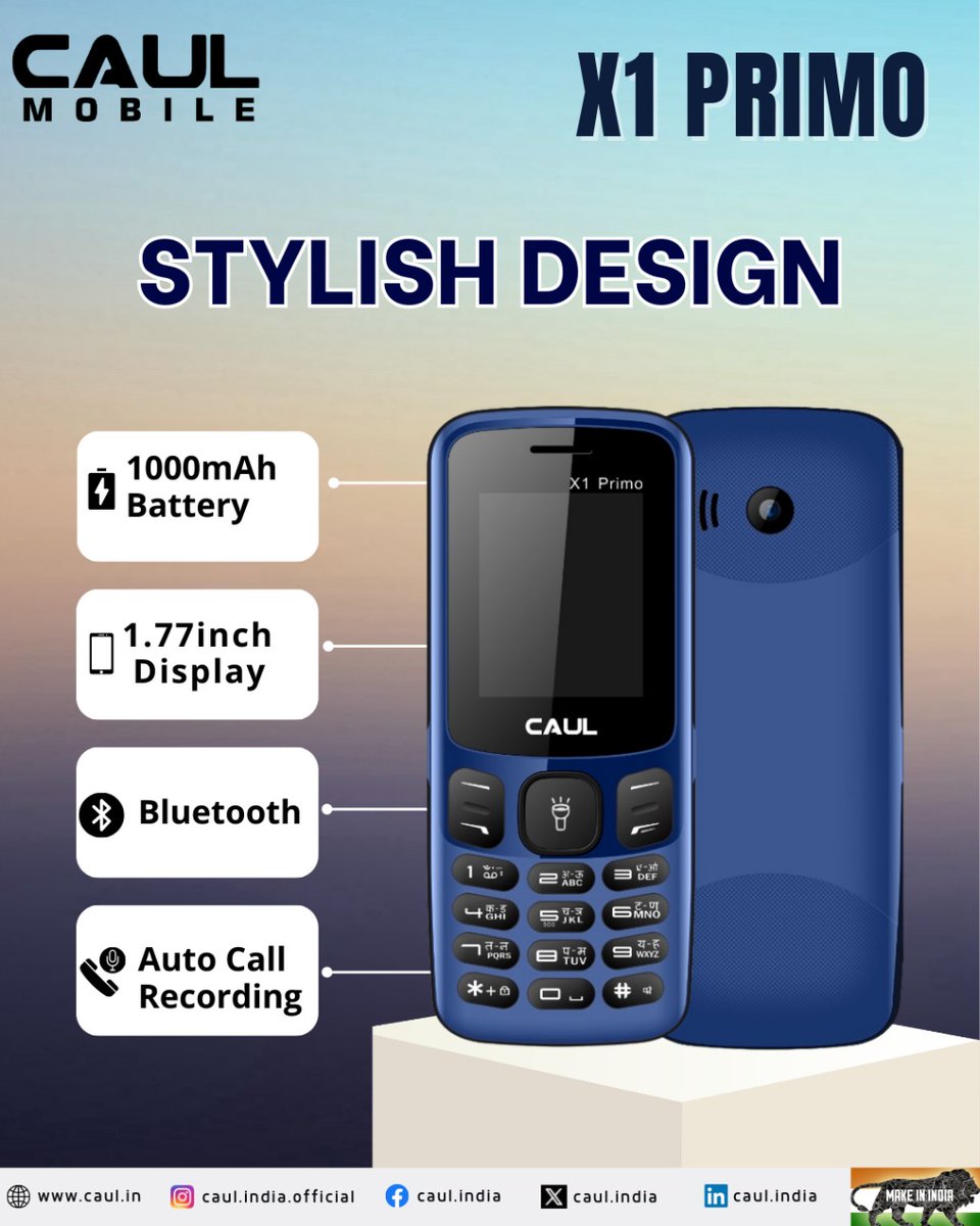 CaulIndia's tweet image. Caul X1 Primo — Style and Function in One.
1.77&quot; display, 1000mAh battery, Bluetooth, and Auto Call Recording — a compact design with modern features for seamless communication.

📞 For inquiries: +91-9990330058

#CaulX1Primo #CompactDesign #BluetoothTech
