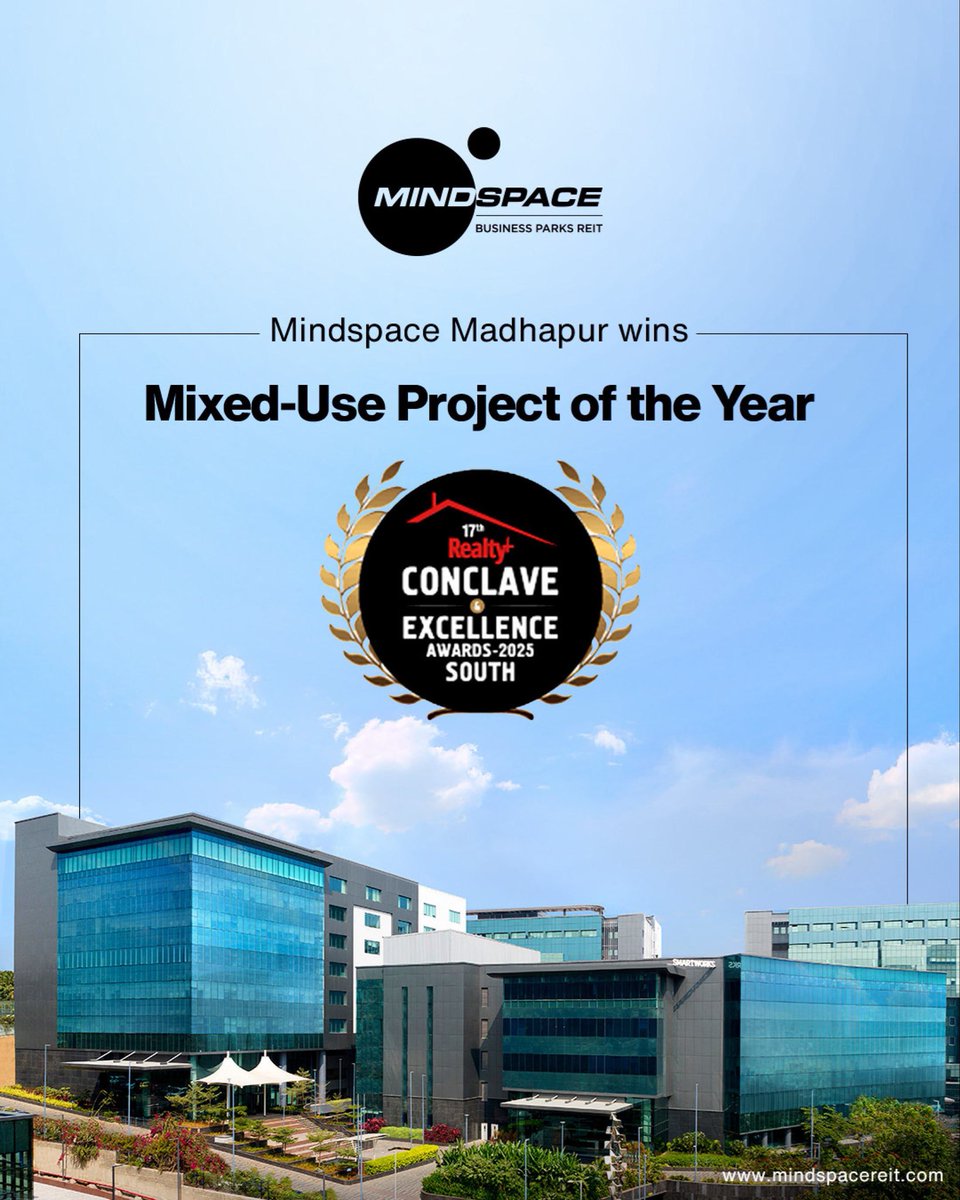 mindspace_parks's tweet image. Mindspace Madhapur has been recognised as the ‘Mixed-Use Project of the Year’ at the 17th Realty+ Awards 2025 South.

A dynamic campus where offices, hospitality, retail and leisure come together to create a truly integrated ecosystem.

#MindspaceBusinessParks #Award #Madhapur