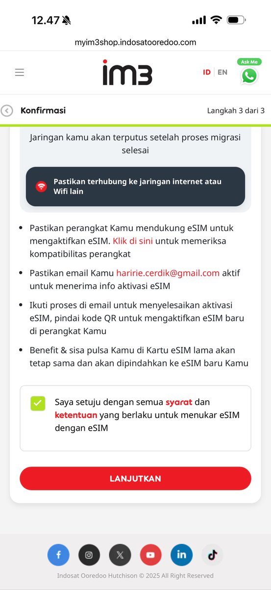 haririang's tweet photo. @CareIM3 Prosesnya selalu nyangkut disini min. Gak bisa klik lanjutkan https://t.co/EQW1aFqOtk