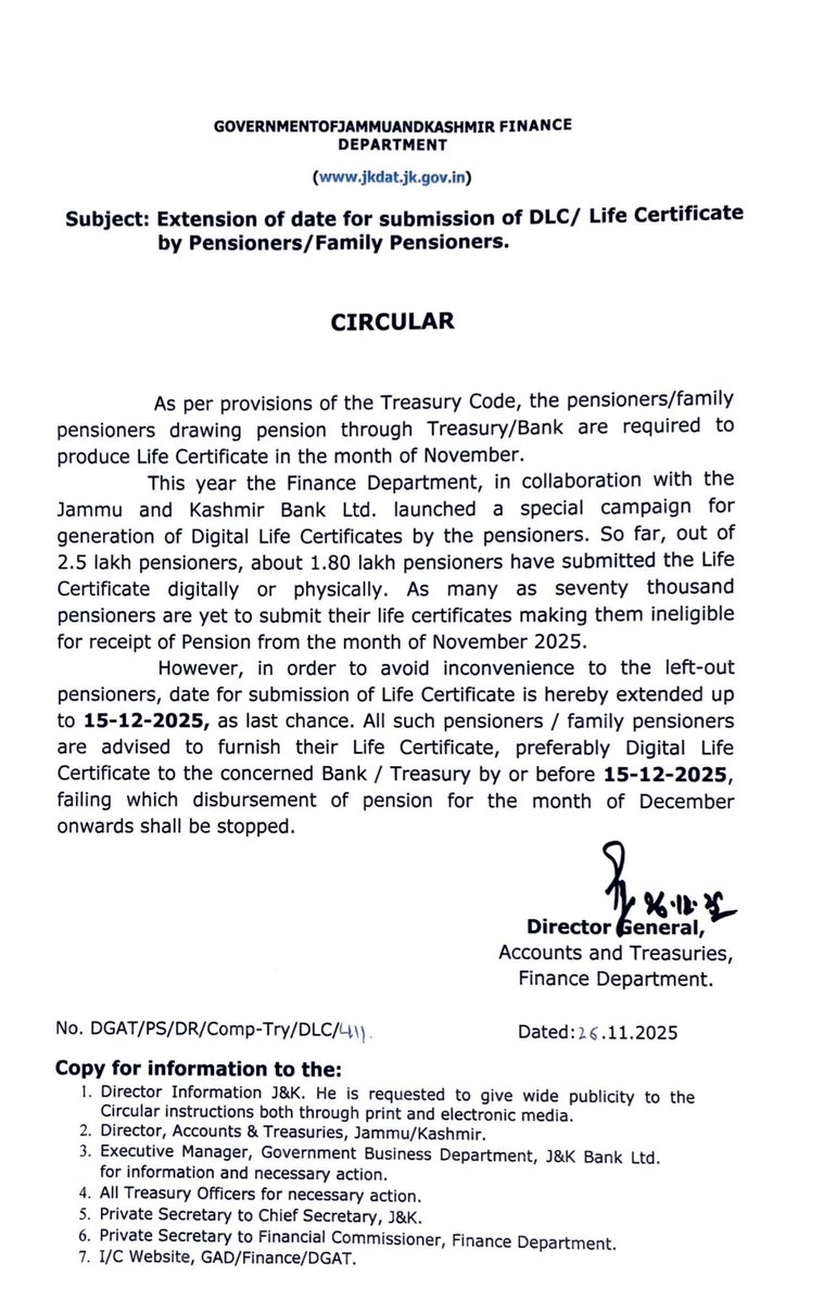 JAKFAS_'s tweet photo. Finance Deptt. has extended the last date for submission of Life Certificate by pensioners/family pensioners to 15-12-2025.
All left-out pensioners have been advised to submit it, preferably through DLC by 15-12-2025, failing which pension from Dec. 2025 onwards shall be stopped. https://t.co/x897ujJMdd
