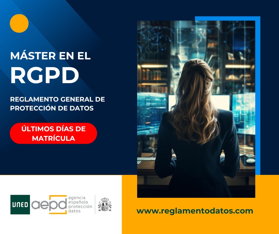 ÚLTIMOS DÍAS DE MATRÍCULA. MÁSTER EN EL RGPD DE LA UNED, IMPARTIDO EN CONVENIO CON LA <a href="/AEPD_es/">Agencia Española de Protección de Datos</a>. Una garantía real de rigor normativo, solvencia técnica y actualización.
👉reglamentodatos.com
#Privacidad #ProteccionDeDatos #EvaluacionDeImpacto #DataProtection <a href="/FundacionUNED/">Fundación UNED</a>