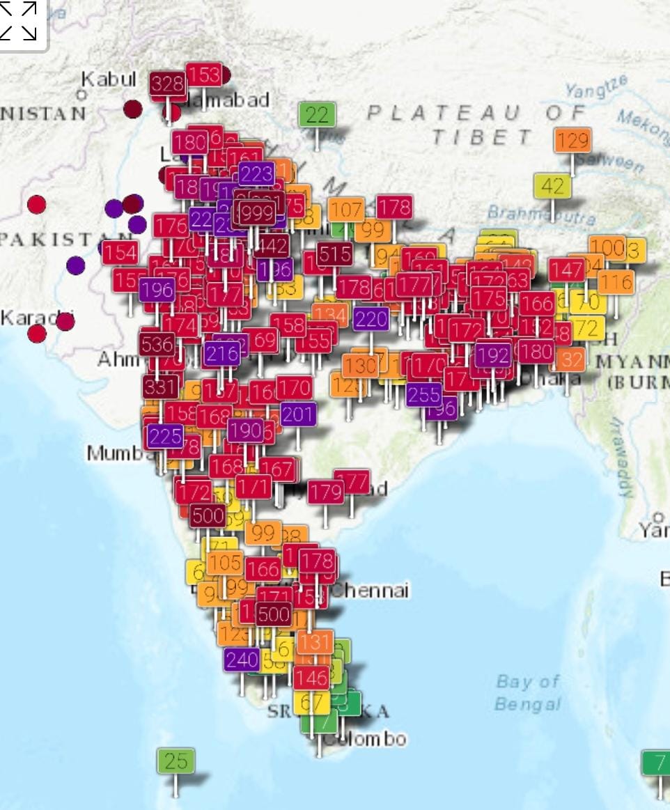 sagarcasm's tweet image. Not just Delhi, the entire country is choking

This AQI map looks like Indian food - Very few greens and too many red chillies.