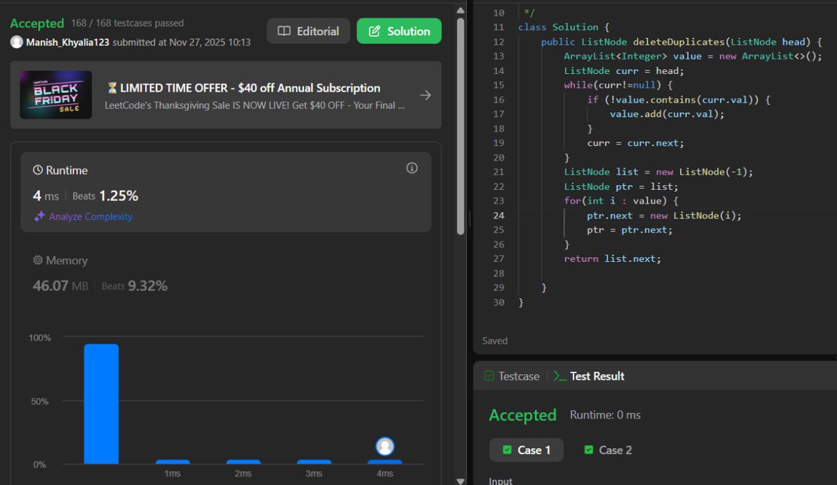 Manish_Kumar60's tweet image. Solved LeetCode 83 – Remove Duplicates from Sorted List
• Rebuilt a new list using only unique values — simpler logic but uses extra space.
• Then optimized with in-place removal — just skip duplicate nodes, very efficient.
#leetcode #dsa #linkedlist