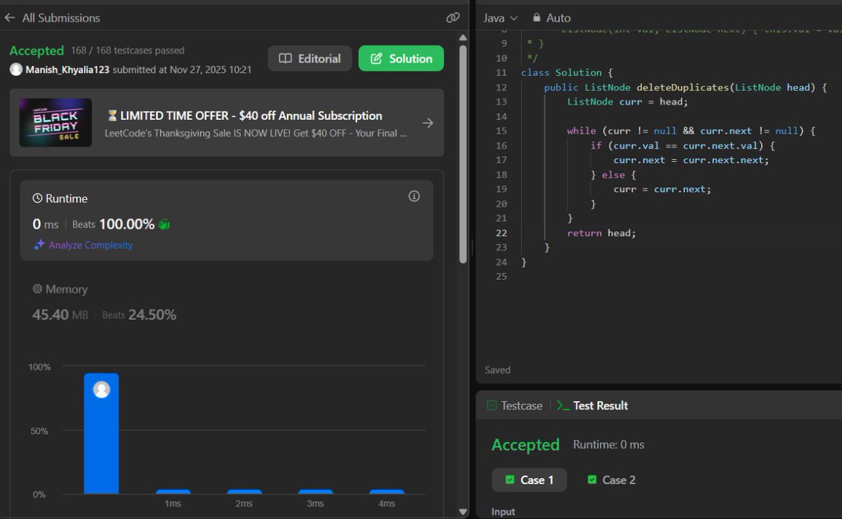 Manish_Kumar60's tweet image. Solved LeetCode 83 – Remove Duplicates from Sorted List
• Rebuilt a new list using only unique values — simpler logic but uses extra space.
• Then optimized with in-place removal — just skip duplicate nodes, very efficient.
#leetcode #dsa #linkedlist