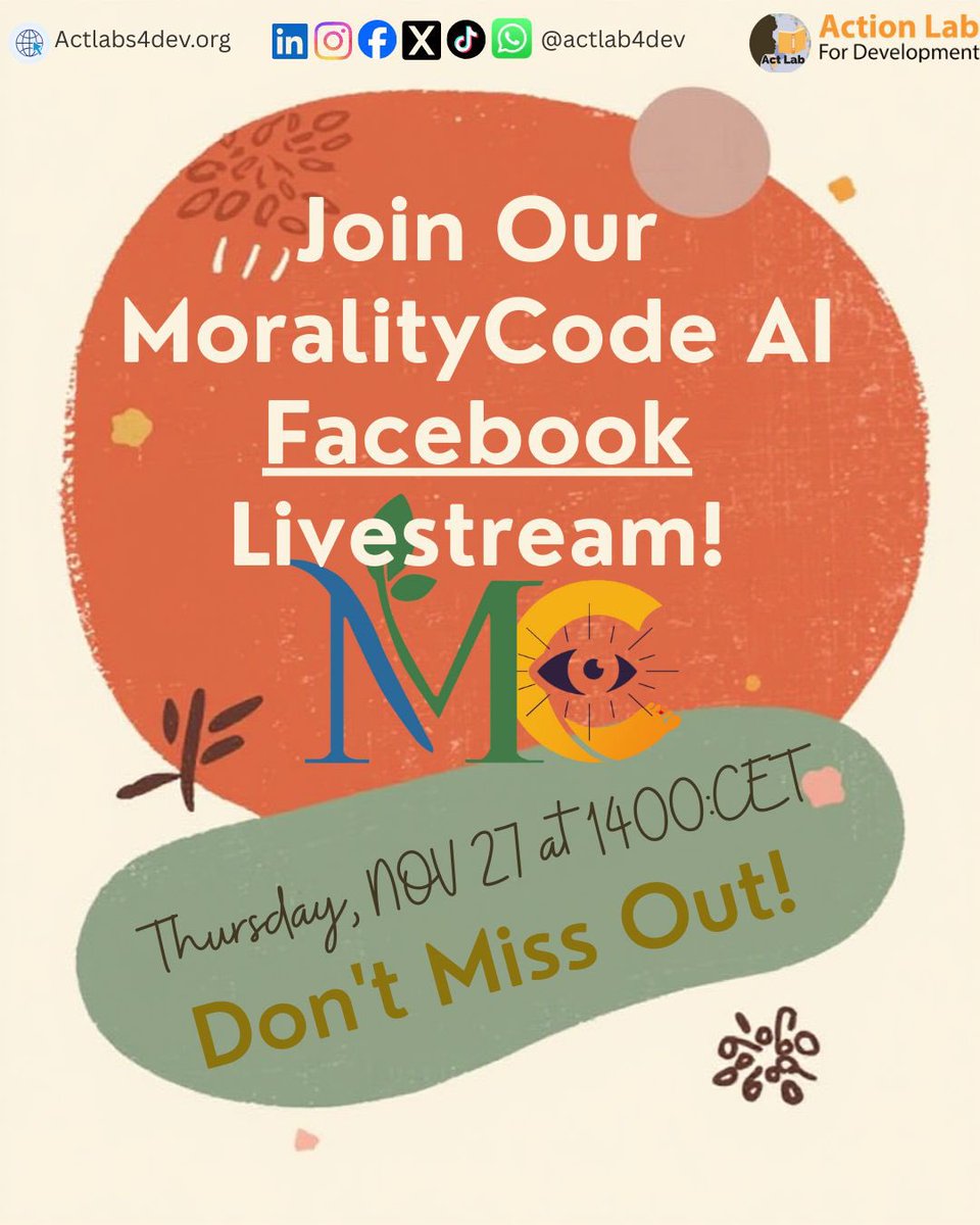 jwengefaith's tweet image. Action Lab for Development @ActLab4Dev is launching something meaningful.Join us for the official MoralityCode AI Launch, a 30-minute livestream celebrating purpose, innovation, and the power of ethical technology.
#MoralityCodeAI #ActLab4Dev #TechForGood #EthicalInnovation