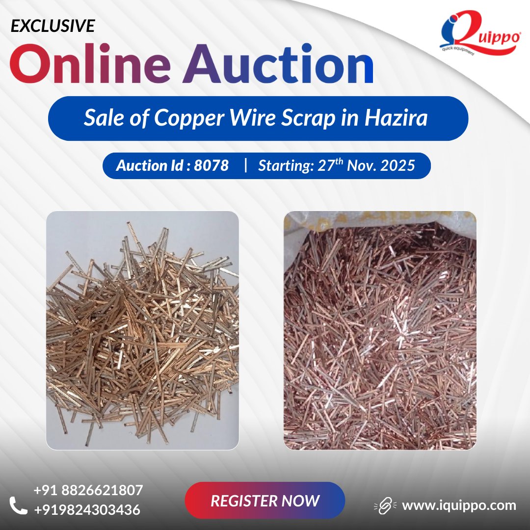 IQuippo's tweet photo. Sale of Copper Wire Scrap – Hazira
🔗 Bid Now: https://t.co/ZrbjI6OKnD

⏰ Starting Today at 2:30 PM
📞 Call On: +91 8826621807 | +91 9824303436
#iQuippo #CopperScrap #ScrapAuction #IndustrialScrap #MetalScrap #AuctionAlert #BidNow #Hazira #OnlineAuction https://t.co/oEkDh0WKL7