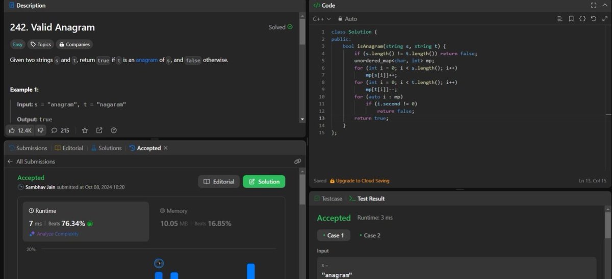 jsambhav5's tweet image. #Day421 of #500DaysOfDSA

Topics and Learnings: #Hashing

Problems Re-revised:
41. #LeetCode #242 : Valid Anagram

Approach:
Used Hashing to solve this

Complexity Analysis:
TC: O(N)
SC: O(N)