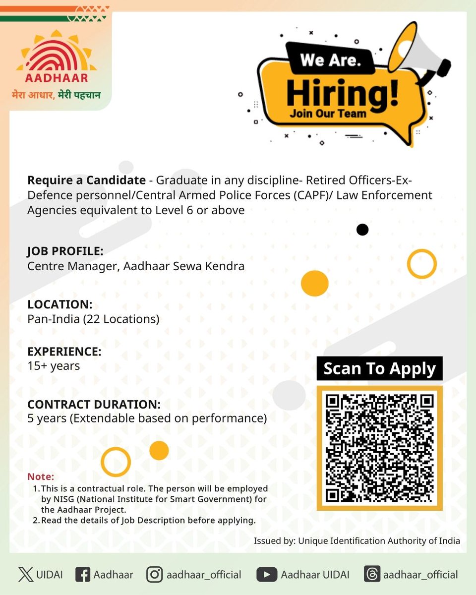 UIDAI's tweet image. #UIDAI is looking for professionals for the position of Centre Manager-Aadhaar Sewa Kendra pan-India (22 Locations) to strengthen its team.
 
Please read the job description in detail before applying.
