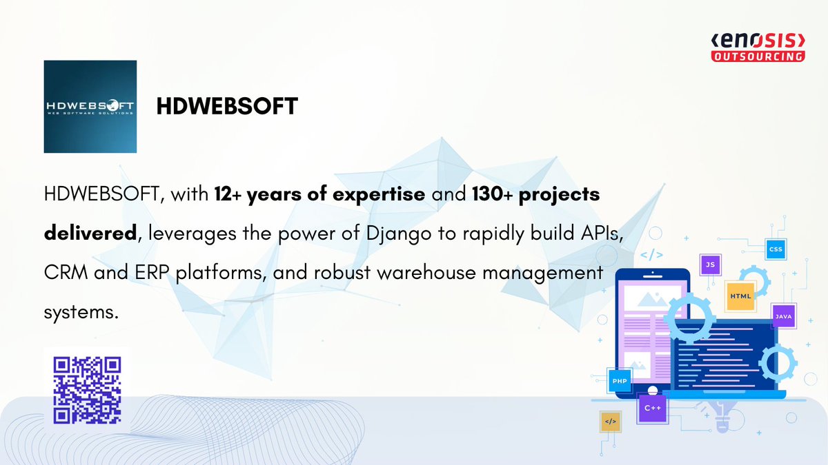 OutsourceEnosis's tweet image. 🚀 Building fast, scalable systems with serious experience!

@hdwebsoft, with 12+ years of expertise and 130+ projects delivered, leverages the power of Django to rapidly build APIs, CRM and ERP platforms, and robust warehouse management systems.

👉 Where do you think Django…