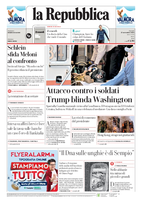 repubblica's tweet photo. La prima pagina di oggi #27november https://t.co/LZaZp2Gm1r 📰 https://t.co/0ZThmFF17y