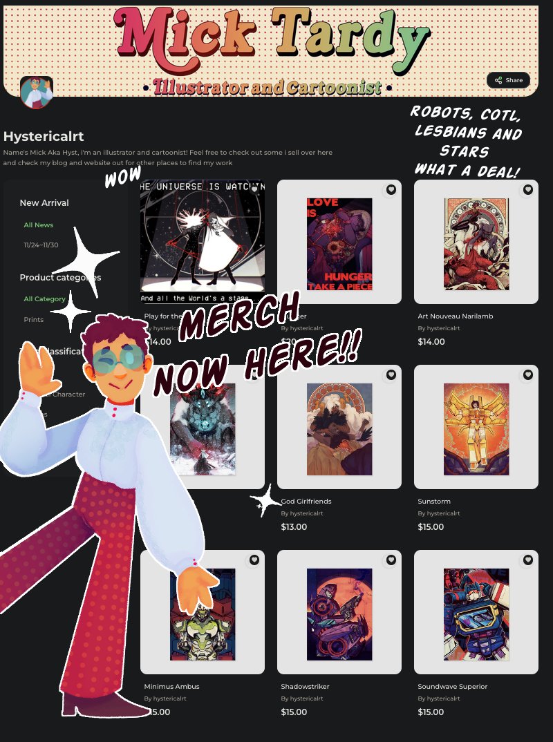 HystericalRT's tweet photo. I now have a storefront with prints of all my personal favorites! I'm also  planning on re-releasing some of my old merch from my Redbubble if there's interest! Also expect other merch from me in the future like stickers and keychains! Please check it out
https://t.co/0fS5z7Ri1y https://t.co/ZeyEpXS6tB