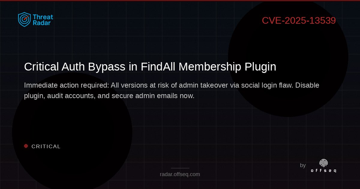 offseq's tweet image. 🚨 CRITICAL: Elated Themes FindAll Membership plugin for WordPress hit by auth bypass (CVE-2025-13539, CVSS 9.8). All versions affected—admins at risk! Disable plugin &amp;amp; audit accounts now. Details: radar.offseq.com/threat/cve-202…...