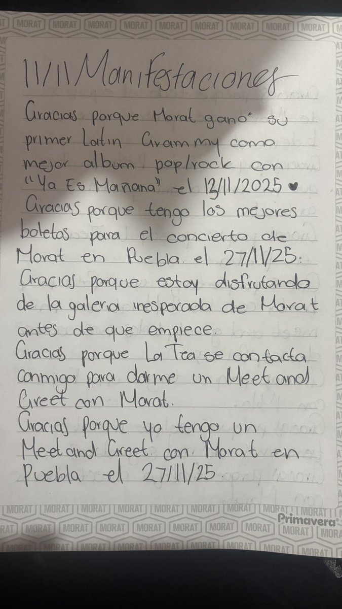 En mis manifestaciones del 11/11estaba el Grammy de Morat ✅ tener los mejores boletos para ver a Morat en Puebla (el universosabecomoacomodatodoyal final tengomejoreslugares) ✅🥹voy a galería inesperada ✅solo me falta elm&amp;g que aún sigo manifestando 🙏🏼 <a href="/MoratBanda/">Morat</a> <a href="/LaTeaMorat/">La Tea</a>