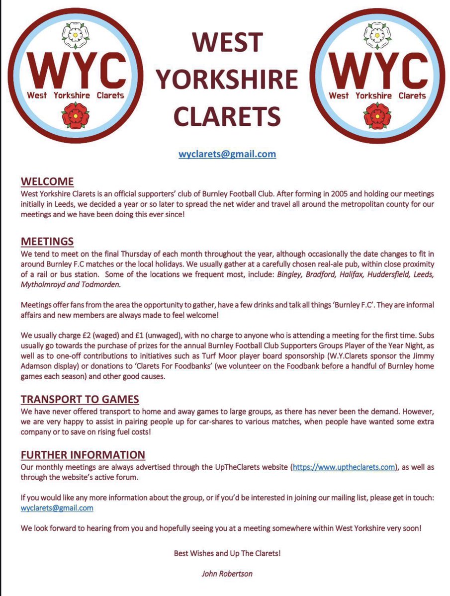 ‼️ HALIFAX &amp; CALDER CLARETS ‼️

West Yorkshire Clarets will be meeting at THE THREE PIGEONS in HALIFAX, this evening, from 7:30pm

Please do join us if you’re interested. 

Info about the group and how to sign up to our mailing list, ⬇️

Please RT

Thank you!
#twitterclarets