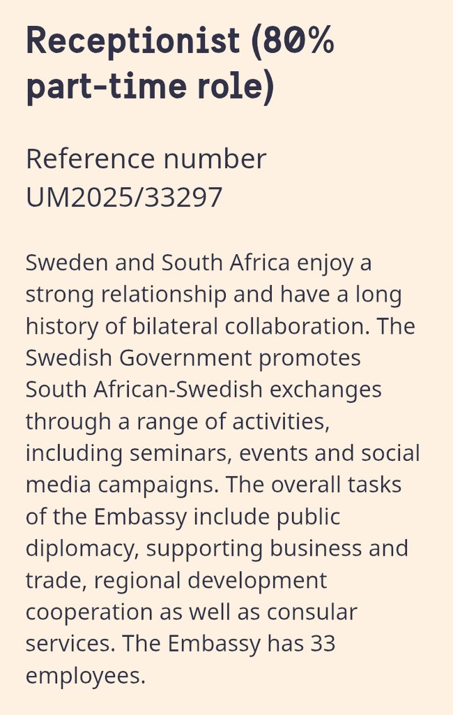 CarolBoitumelo1's tweet photo. Sweden Ambassy is looking for a Part-Time Receptionist in Pretoria.

Email your CV to recruitment.pretoria@gov.se no later than 7 December 2025.

Link: https://t.co/5IktsRnom6 https://t.co/jBuT46o9rk
