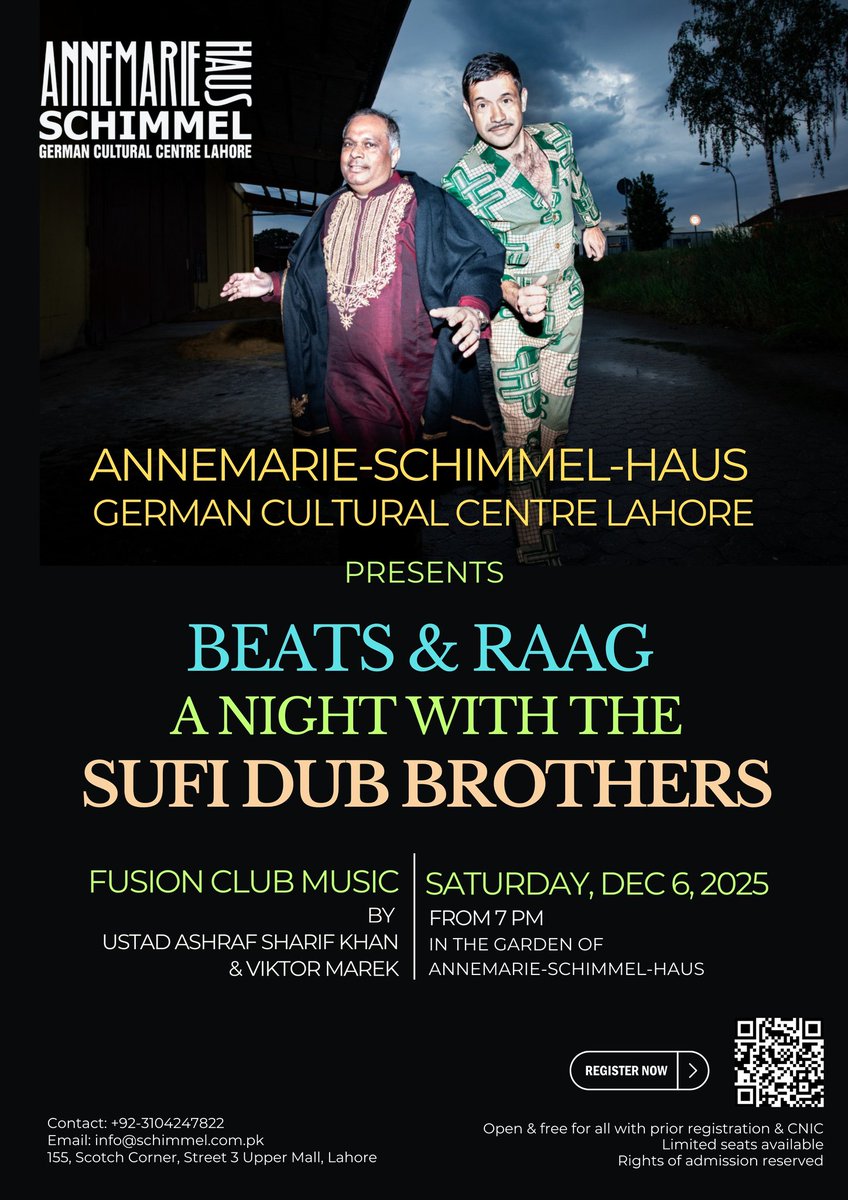 Join us for Beats &amp; Raag – A Night with the Sufi Dub Brothers, featuring fusion club music by Ustad Ashraf Sharif Khan &amp; Viktor Marek. 
Saturday, Dec 6, 2025 
From 7 PM
 Garden of the Annemarie-Schimmel-Haus
free for all
Register here: forms.gle/V2K3uWHnjbxFF4…