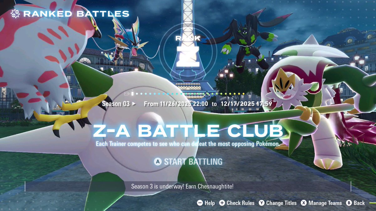 Season 3 of Pokémon Legends Z-A's Ranked Battles has commenced, finally officially unlocking Mega Chesnaught for the game.

➤ Zygarde now useable
➤ Chesnaughtite earned at Rank S
➤ Delphoxite at Rank V, Greninjite at Rank Y

Runs until December 18.
