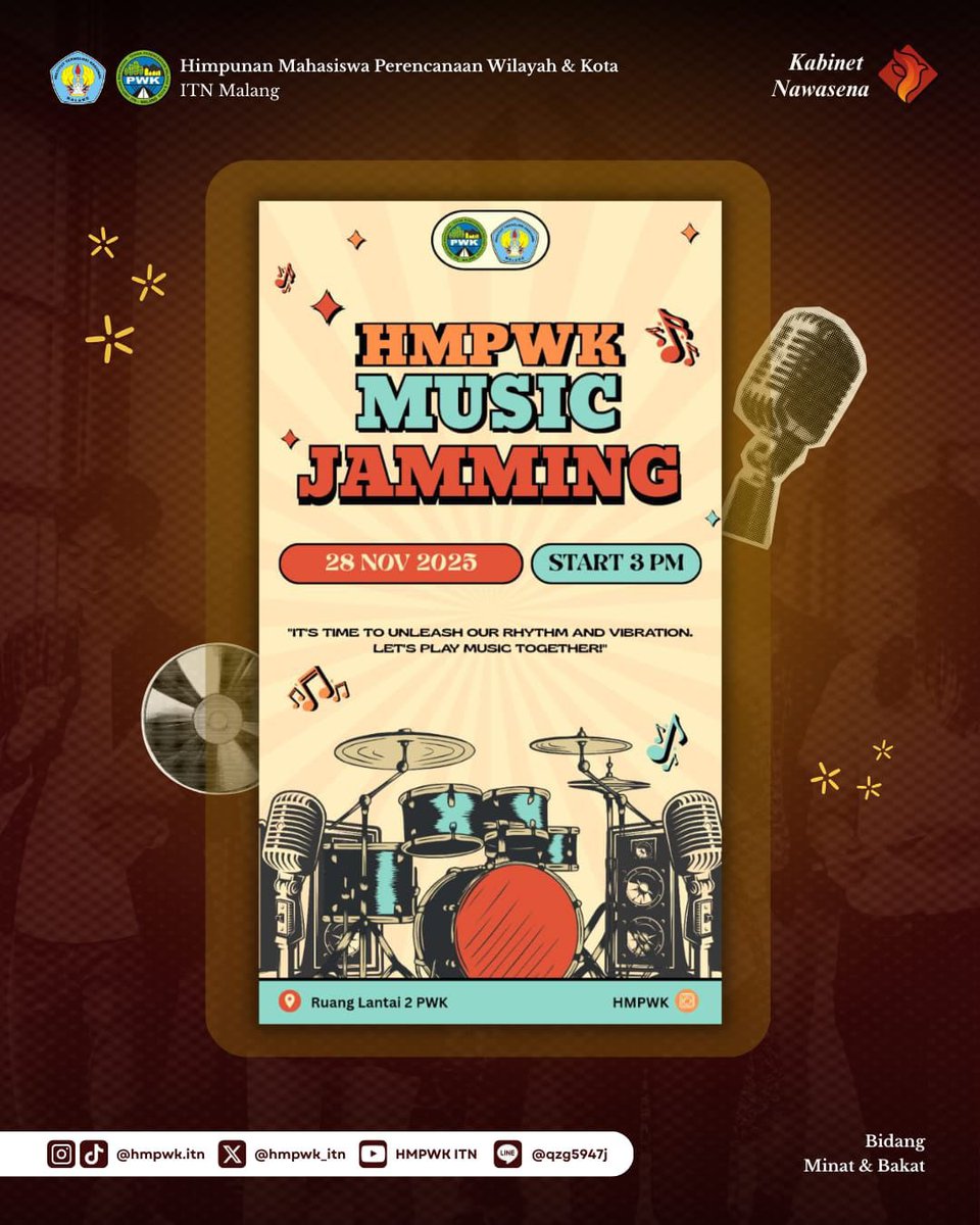 [🎹 MUSIC JAMMING 🎤🎸]

Halo Sobat Jamming Planologi!
Jangan lupa hadir di Music Jamming—tempat kalian bebas berekspresi lewat musik!

HMPWK ITN MALANG
2025/2026
Bravo Planologi 💪🏻‼️

#KabinetNawasena