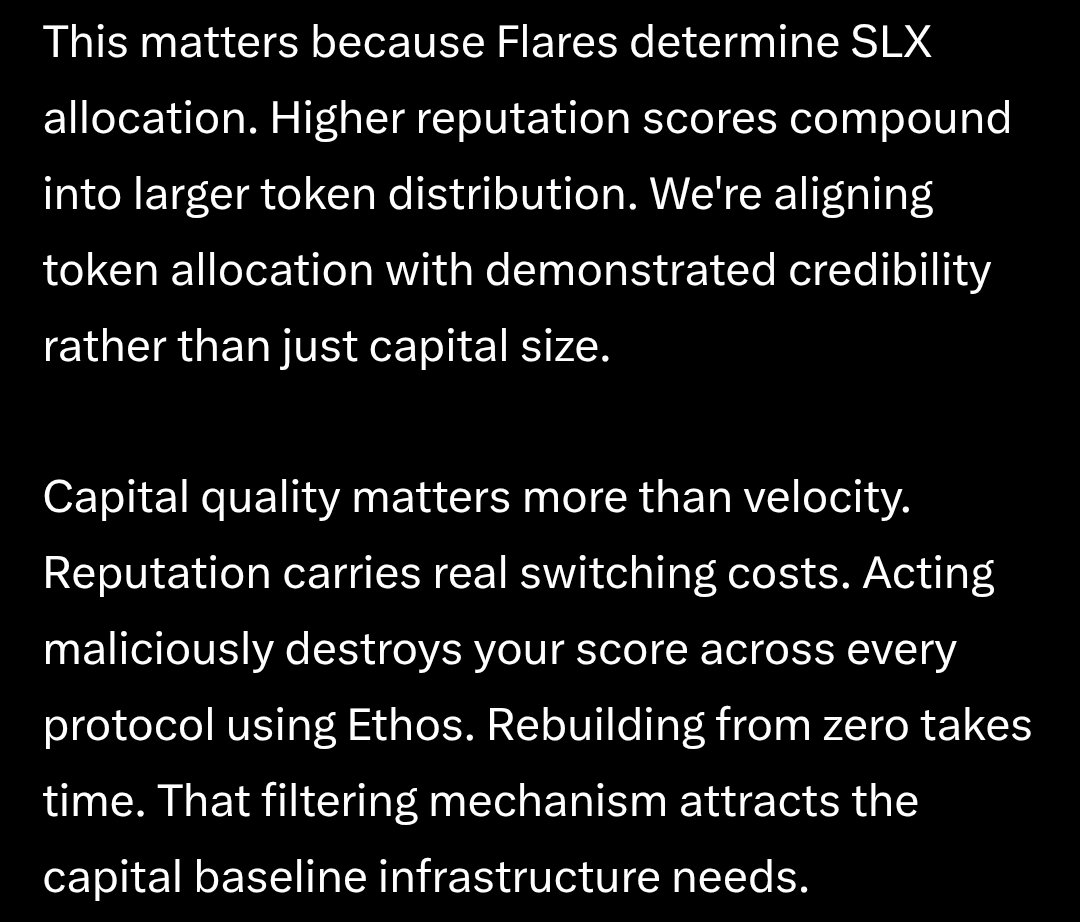 Being Reputable Pays in <a href="/solsticefi/">Solstice</a>!

Better Rep → Flares Boost → More Flares → More $SLX → More capital quality

Read this article by the founder to see why they adopt Ethos as an additional layer to potentially filter sybils