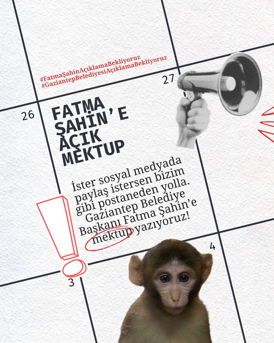 Bugün Gaziantep Büyükşehir Belediyesi’ne mektup gönderiyoruz. <a href="/FatmaSahin/">Fatma Şahin</a> <a href="/GaziantepBeld/">Gaziantep Büyükşehir</a> 
#FatmaŞahinAçıklamaBekliyoruz #GaziantepBelediyesiAçıklamaBekliyoruz etiketleriyle açık mektubumuzu paylaş ya da postaneye giderek şu adrese mektubu postala: Değirmiçem Mah. Şehit Yusuf Erin