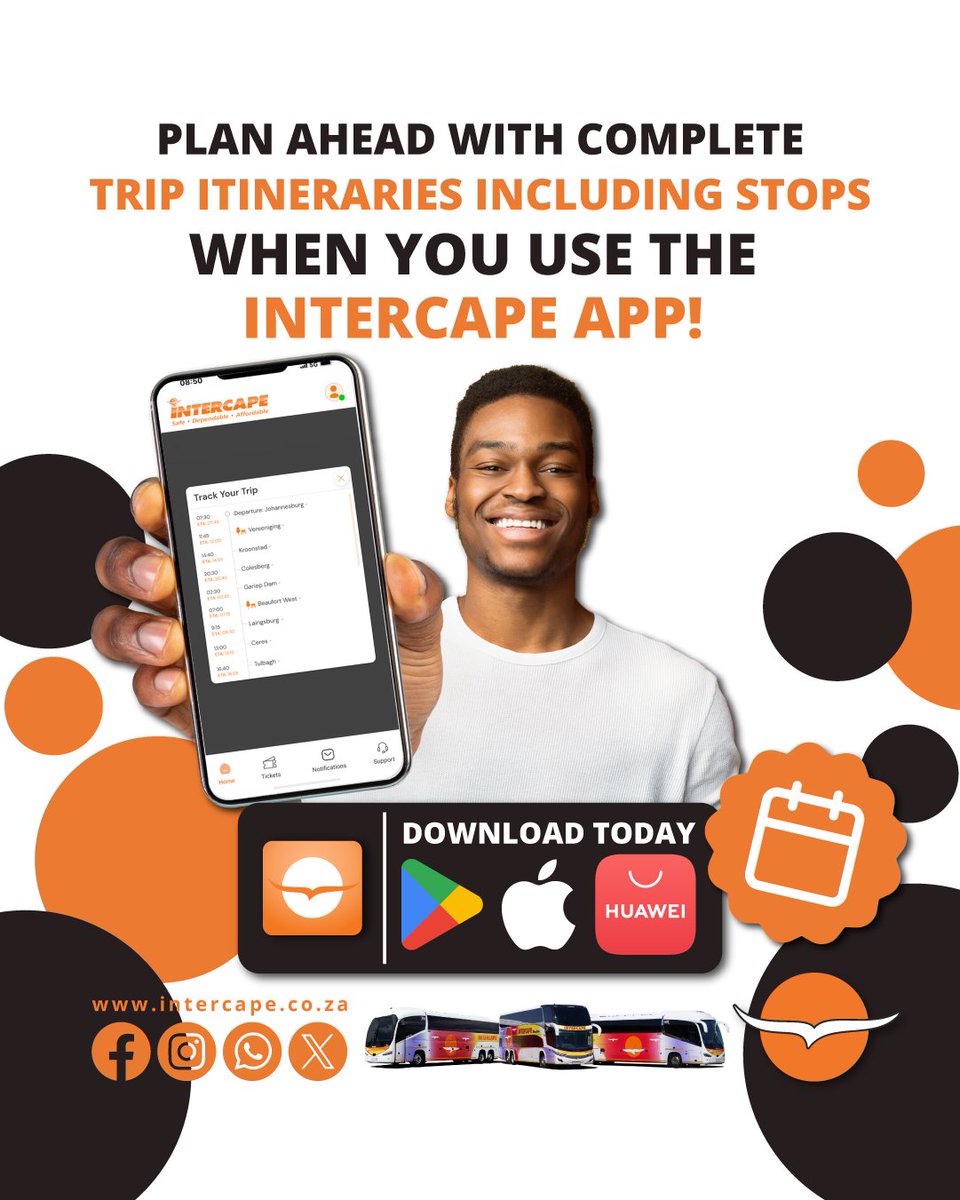 IntercapeBus's tweet image. Plan ahead with complete trip itineraries including stops when you use the Intercape App!

Download the Intercape App TODAY at intercape.co.za/intercape-app/ or on your preferred App Store.

#Intercape #IntercapeApp #DownloadToday #BookNow #PlanYourTrip