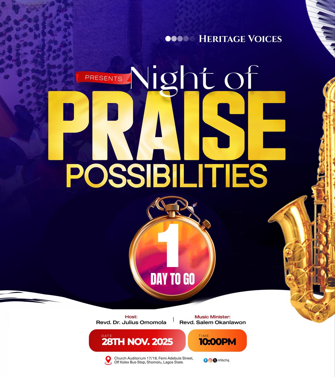 Tomorrow is the night! 

Come ready, come joyful, come expectant. Night of Praise &amp; Possibilities is here.

#NightOfPraisePossibilities
#NHBCHQ
#HeritageVoices #PraiseAtmosphere
#GodOfPossibilities
#ManifoldGrace
#ManifoldGratitude